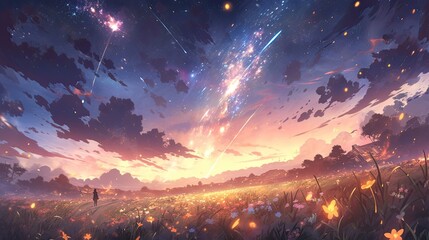 Generative AI, the sight of a meteor shower on a beautiful night with a dark sky dotted with soft light emanating from stars that sparkle like diamonds, beautiful meteor shower, cool anime landscape
