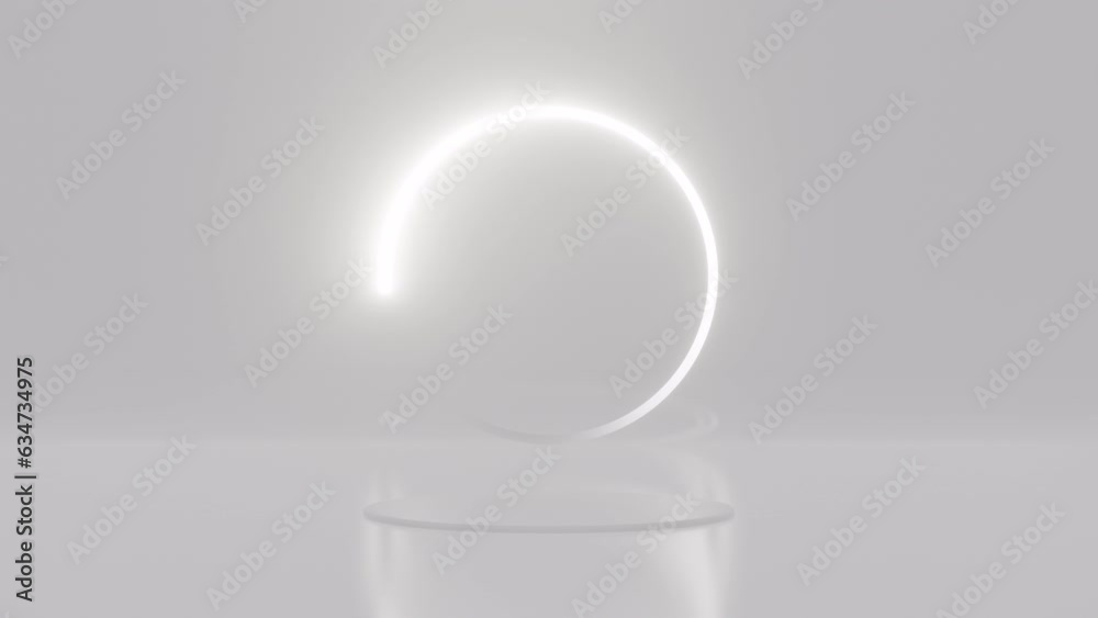Poster podium with a bright white circle in rotation swirling around glowing on white background. futuristi