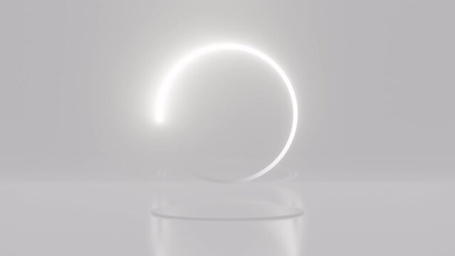 Podium with a bright white circle in rotation swirling around glowing on white background. Futuristic showcase with platform for product display. Presentation on empty stage. 3d animation loop 4K