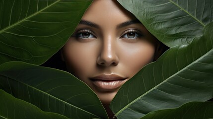 Fototapeta premium Beautiful girl with tropical leaves