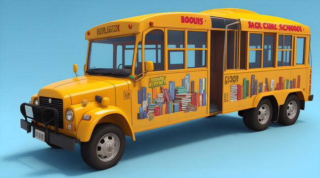Quirky Back-to-School Bus: Books & Accessories on Turquoise Background! Cool 3D Rendered Illustration for Catchy Banners. Copy Space Galore