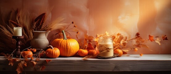 Naklejka na ściany i meble Golden Halloween background with pumpkins