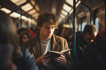 Young man reading a book in a subway train. People in the background