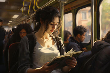 Young college female student reading a book in a subway car on a sunny day - obrazy, fototapety, plakaty