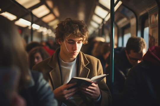 Young Man Reading A Book In A Subway Train. People In The Background