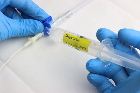 Professional wearing gloves injecting thipentone into a intravenous set.	