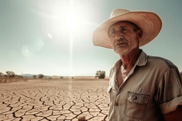 Farmer on a dry field on a hot day - obrazy, fototapety, plakaty