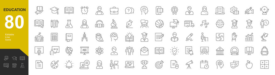 Education Line Editable Icons set. Vector illustration in modern thin line style of school icons: school subjects, supplies, science, and online learning. Isolated on white - obrazy, fototapety, plakaty
