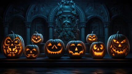 Carved pumpkins illuminated from within on a moonlit night
