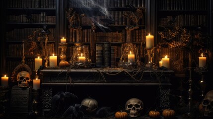 Gothic-style Halloween decor featuring candelabras and ancient tomes - obrazy, fototapety, plakaty
