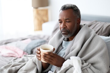 View of a sad sick middle aged African American man with a mug of hot drink.