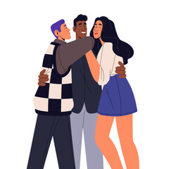 Polyamory love partners. Bisexual men and woman hugging, kissing together. LGBT polyamorous people in romantic relationships. Poly family. Flat vector illustration isolated on white background