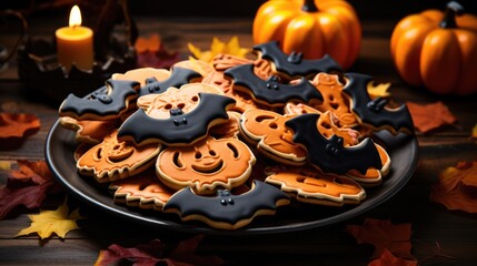 Plate filled with Halloween cookies shaped as bats and jack-o'-lanterns
