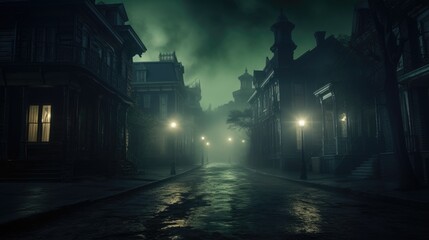 A lonely street lined with Victorian-era homes under a spectral green illumination - obrazy, fototapety, plakaty