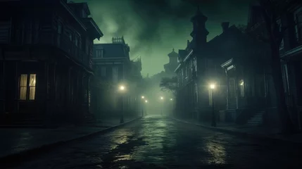 A lonely street lined with Victorian-era homes under a spectral green illumination © Jane Kelly