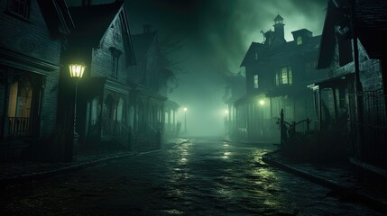 A lonely street lined with Victorian-era homes under a spectral green illumination