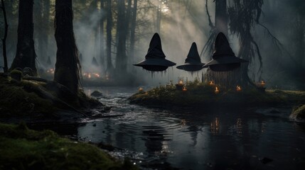 Witches' hats on a mysterious forest backdrop