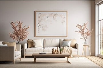 Neutral colored living room interior with a mockup frame, sofa, armchair, and dry flower on table.