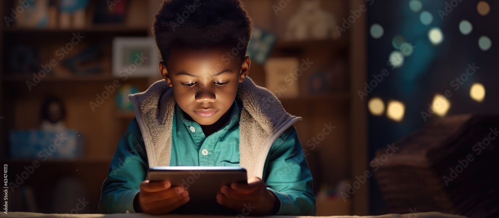 Aufkleber black child doing online studying with tablet at home concept technology education student e learnin