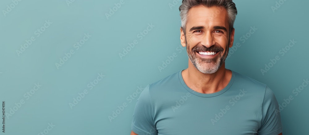Poster confident middle aged man proudly smiling displaying contentment on blank area
