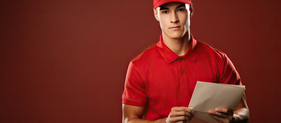 Composite of portrait of young man with clipboard and postal worker day text red background copy space delivery mail and appreciation concept