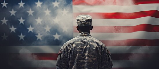 A happy Veterans Day honoring the patriotism and celebration of an African American soldier in camouflage clothing - Powered by Adobe