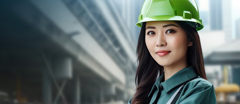 Composite image of a young female architect in workwear confident and focused with copy space She is of Asian descent and emphasizes safety protection and