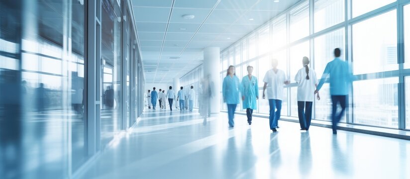 Busy hospital corridor with diverse doctors in motion suitable for medical and healthcare services