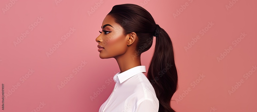 Sticker Close up portrait of an elegant African American woman in a classic white shirt posing in a studio on a pink background with an empty space for text