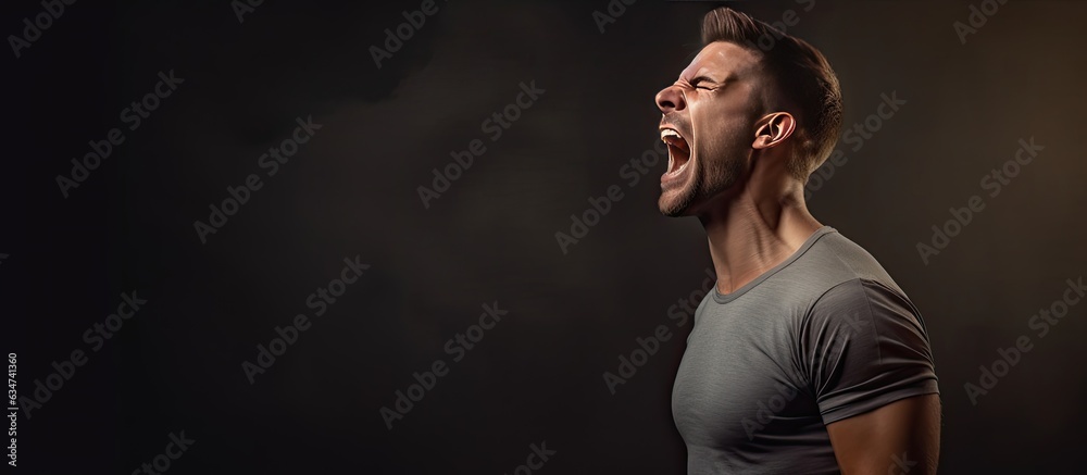 Poster a furious young man gesturing and yelling loudly in a blank area