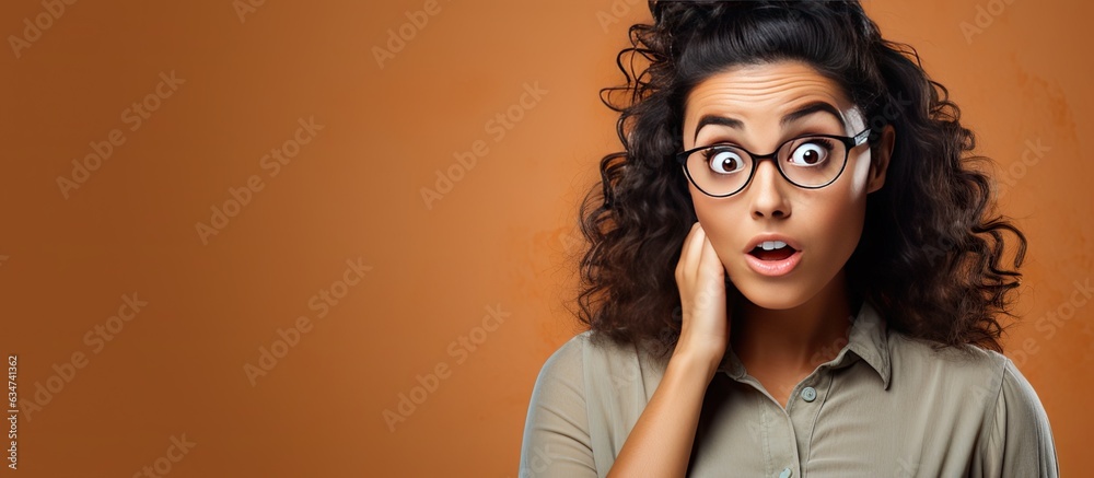 Aufkleber a nervous hispanic woman looks to the side with a startled expression focusing on an empty space