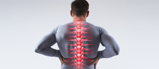 Spinal cord injury concept with man experiencing back pain white background
