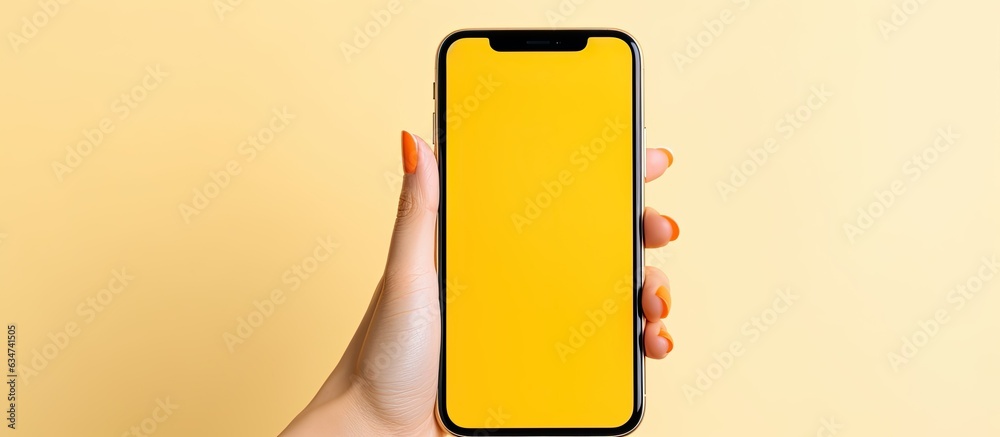 Poster caucasian girl pointing at empty smartphone screen in a yellow studio