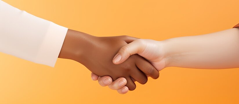 Caucasian woman with handshake gesture on orange background representing greetings and beginnings for National Handshake Day