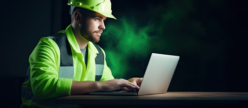 Composite image of a caucasian architect using a laptop in workwear with copy space on a green background emphasizing safety and wireless technology