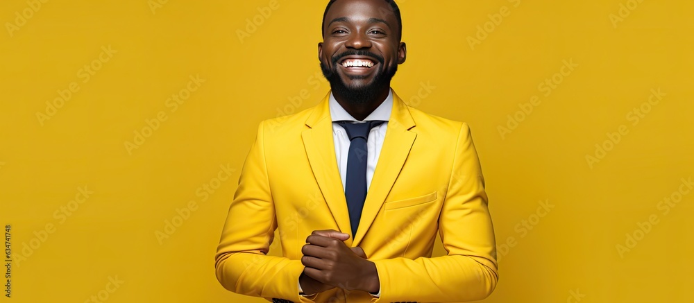 Sticker young african businessman with a suit and beard holds his hand out in a concept isolated on a yellow