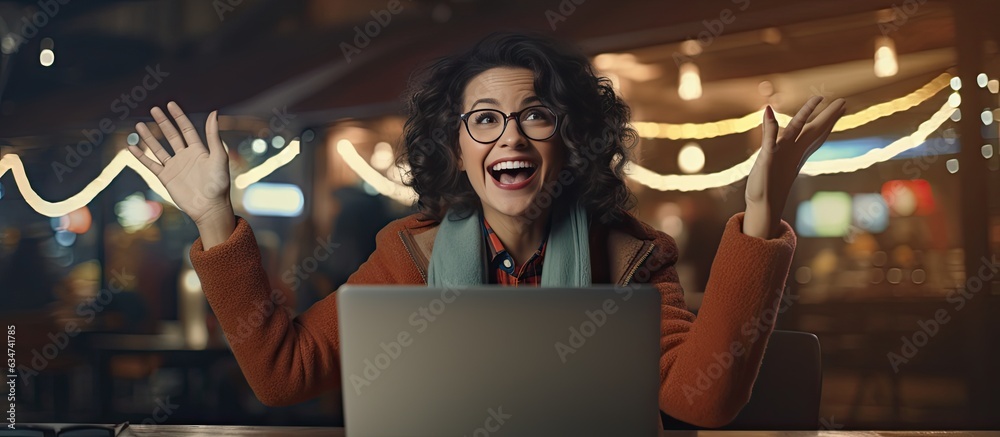 Poster an enthusiastic middle aged woman working on her laptop at night happily pointing to the side with o