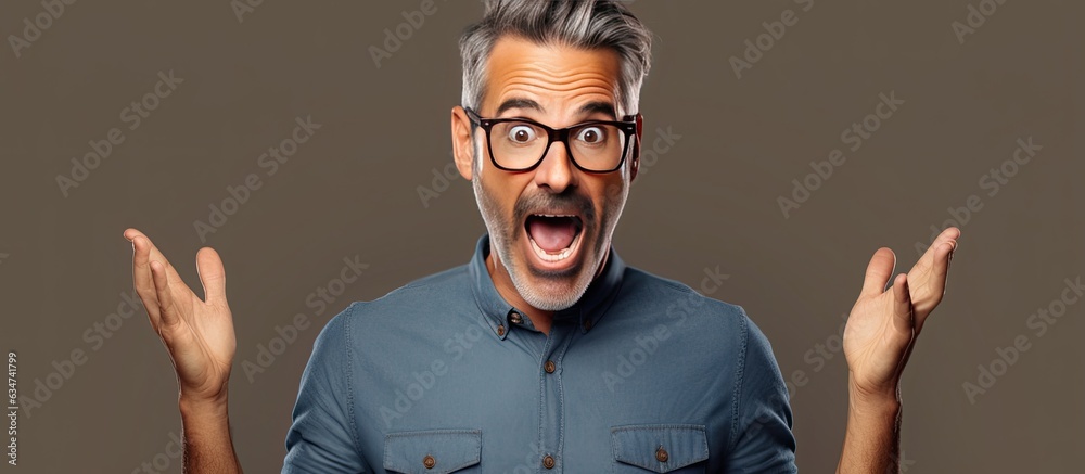 Poster Middle aged man in awe pointing upwards with both hands towards empty area