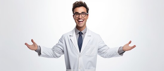 Happy male doctor in white coat with glasses and stethoscope showing victory sign on white background space for health text