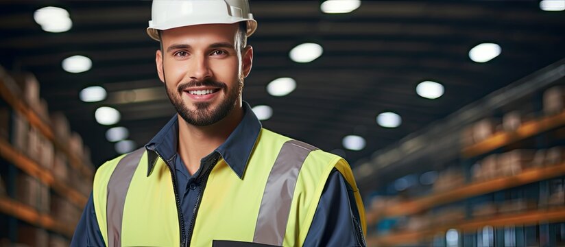 Composite image of a safety conscious mid adult male manager wearing work clothes in a warehouse Portrait with copy space focusing on industry protection