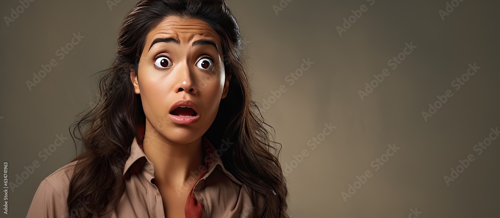 Poster a nervous hispanic woman looks to the side with a startled expression focusing on an empty space