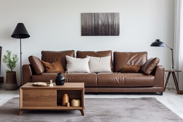 Modern living room with a brown eco leather couch, soft cushions, knitted white blanket, and clean furniture design.