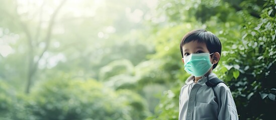 Asian child wearing a mask in park for virus protection empty area for copy