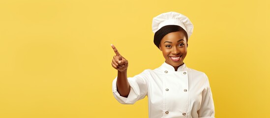 African American chef pointing at blank space for advertisement