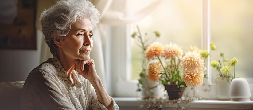 Elderly Caucasian woman at home on International Widows Day contemplating retirement loneliness widowhood and aging