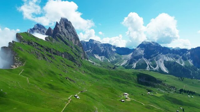 Aerial footage of Seceda in South Tyrol, Dolomites, Italy