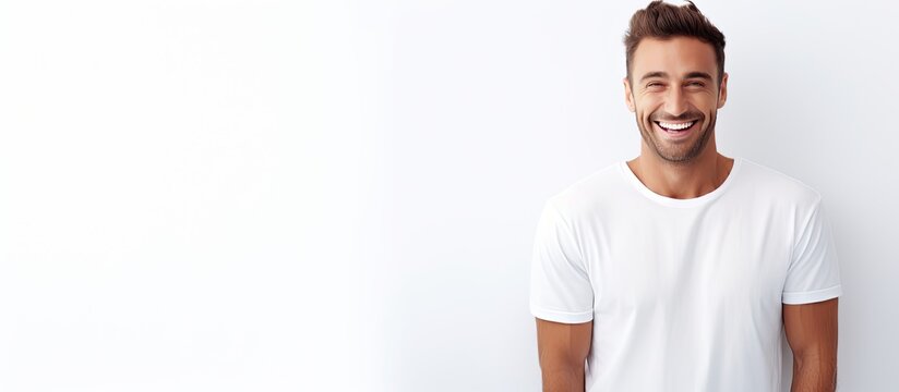 White teeth smiling male fashion model in trendy clothes and white background with room for text