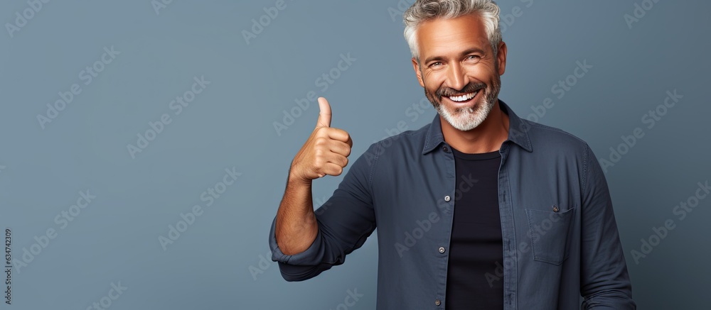 Poster Content middle aged man happily points to empty area while smiling confidently