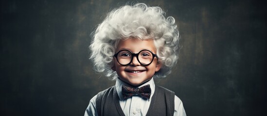 Small child wearing glasses mustache and wig resembling a young professor has an idea Blackboard background with room for text Academia Young Scientist