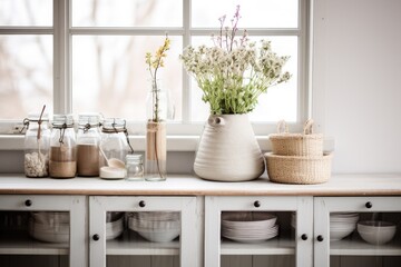 Monochrome kitchen counter with drawers and white top, hanging glass door cabinet, bowls, mugs, flowers in jar and woven bucket, vintage furniture, window shaped mirror.